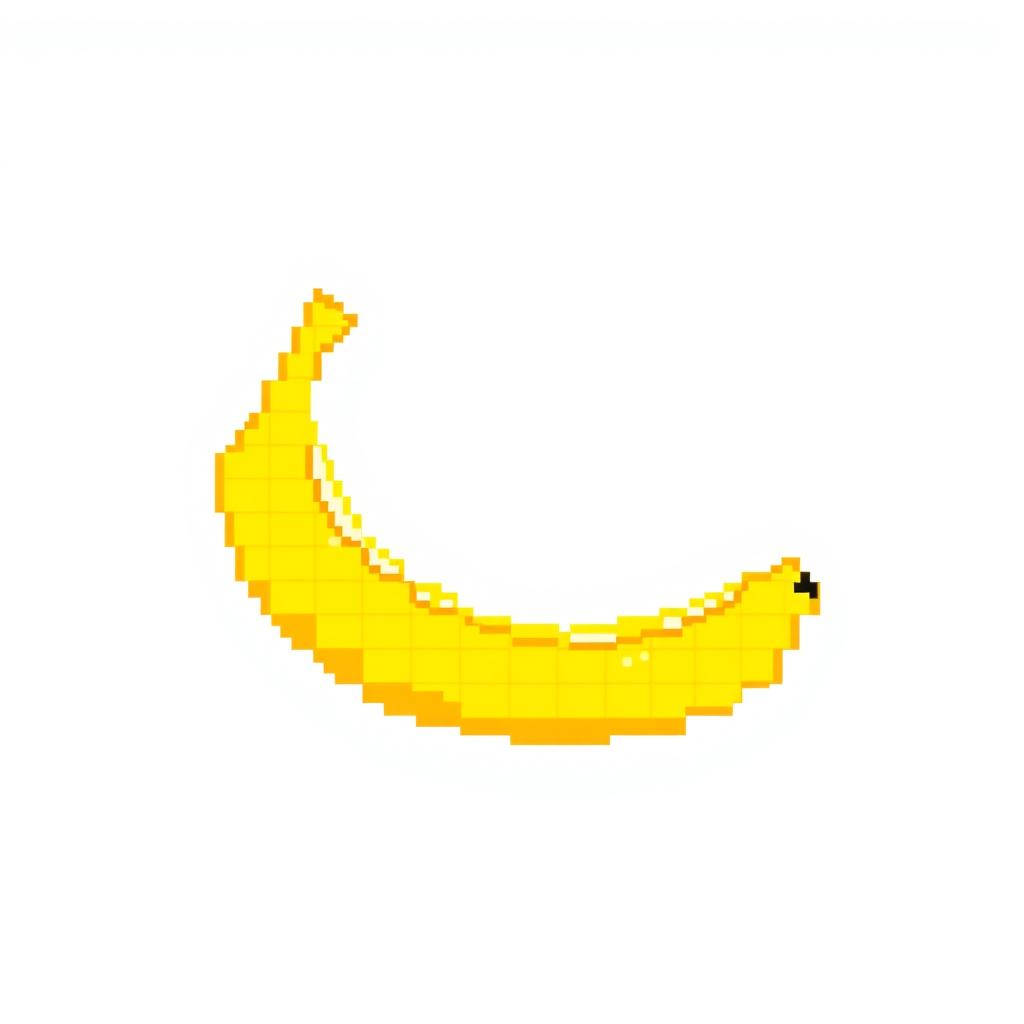 A vibrant, pixelated banana with bright yellow color and a slightly curved shape, placed against a simple white background