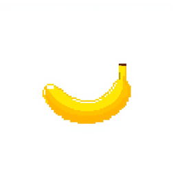 A vibrant, pixelated banana with bright yellow color and a slightly curved shape, placed against a simple white background