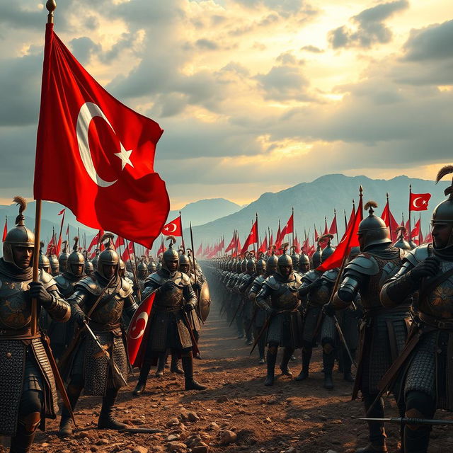 A stunning scene showcasing an ancient battlefield with 10,000 armored soldiers, each wearing elaborate and historically accurate armor from the historical Turkish army