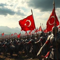A stunning scene showcasing an ancient battlefield with 10,000 armored soldiers, each wearing elaborate and historically accurate armor from the historical Turkish army