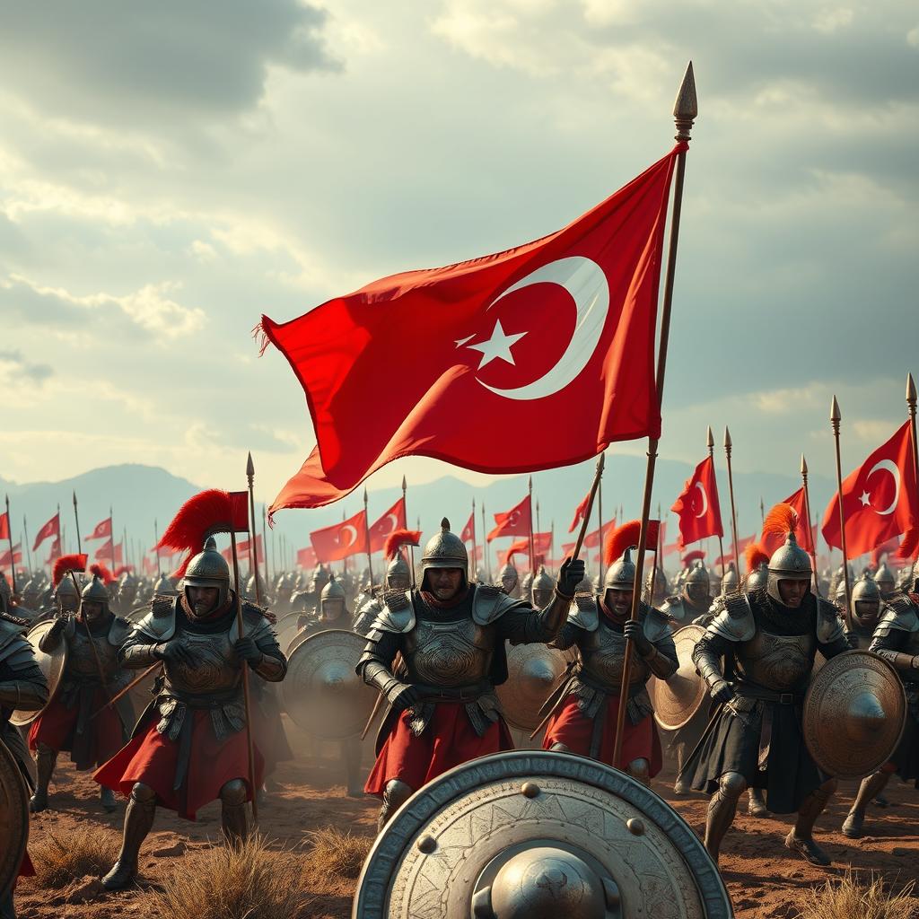 A stunning scene showcasing an ancient battlefield with 10,000 armored soldiers, each wearing elaborate and historically accurate armor from the historical Turkish army