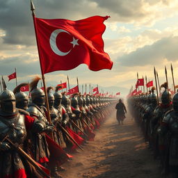 A stunning scene showcasing an ancient battlefield with 10,000 armored soldiers, each wearing elaborate and historically accurate armor from the historical Turkish army