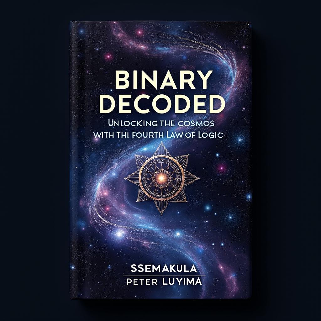 An imaginative and visually stunning book cover design for "Binary Decoded: Unlocking the Cosmos with the Fourth Law of Logic" by Ssemakula Peter Luyima