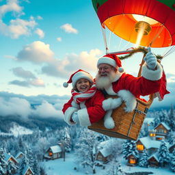 A cheerful couple of the same age, both dressed as Santa Claus, floating together in a bright and colorful hot air balloon