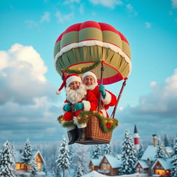 A cheerful couple of the same age, both dressed as Santa Claus, floating together in a bright and colorful hot air balloon
