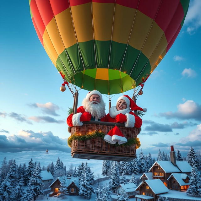 A cheerful couple of the same age, both dressed as Santa Claus, floating together in a bright and colorful hot air balloon