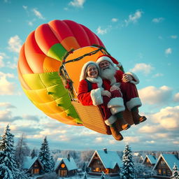 A cheerful couple of the same age, both dressed as Santa Claus, floating together in a bright and colorful hot air balloon