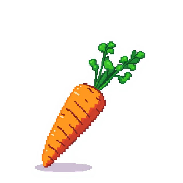 A vibrant and playful pixel art representation of a carrot, featuring bright orange and green shades