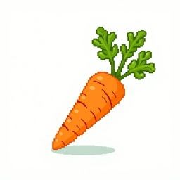 A vibrant and playful pixel art representation of a carrot, featuring bright orange and green shades