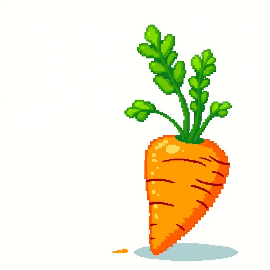 A vibrant and playful pixel art representation of a carrot, featuring bright orange and green shades