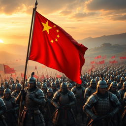 An impressive scene showcasing an ancient battlefield with 10,000 armored soldiers, each adorned in traditional Chinese armor from different historical dynasties