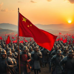 An impressive scene showcasing an ancient battlefield with 10,000 armored soldiers, each adorned in traditional Chinese armor from different historical dynasties