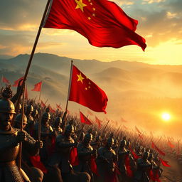 An impressive scene showcasing an ancient battlefield with 10,000 armored soldiers, each adorned in traditional Chinese armor from different historical dynasties