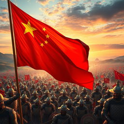 An impressive scene showcasing an ancient battlefield with 10,000 armored soldiers, each adorned in traditional Chinese armor from different historical dynasties
