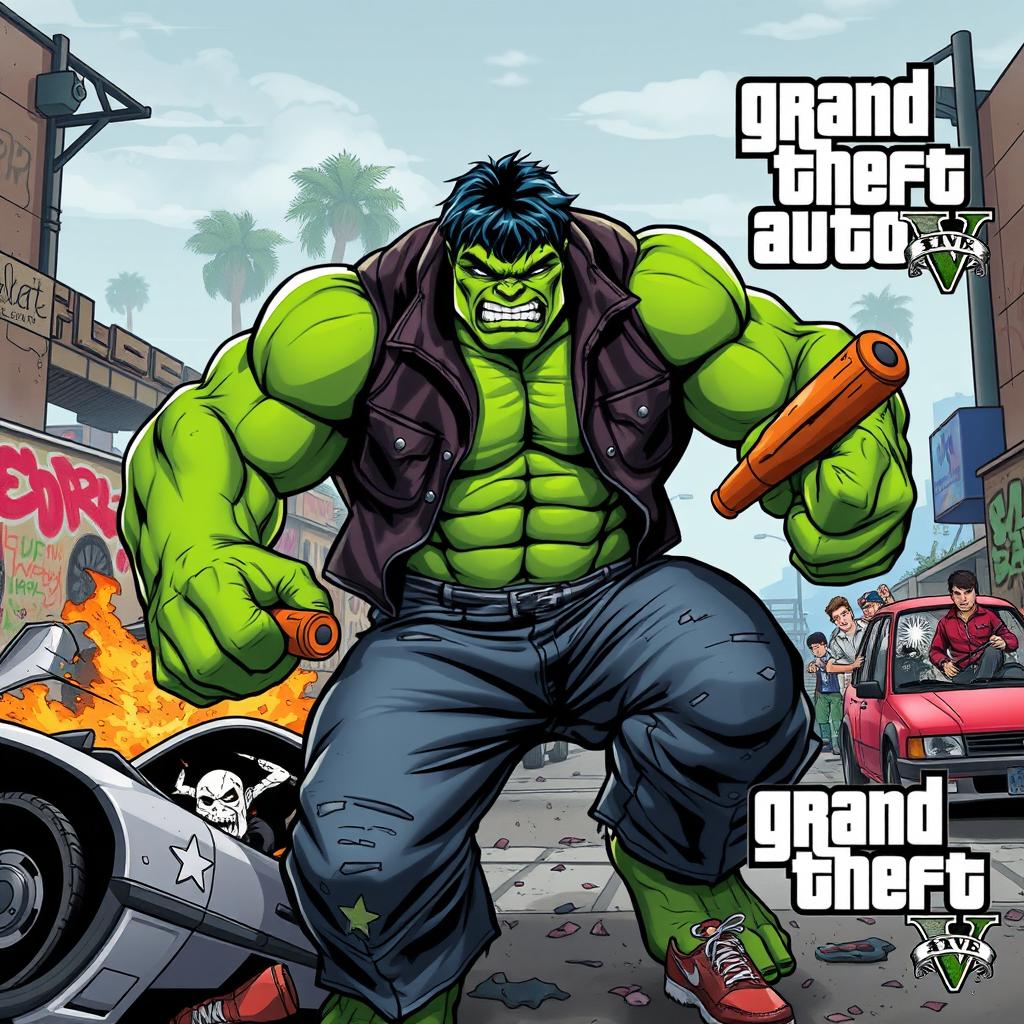 A mashup of the Hulk character and elements from Grand Theft Auto, featuring a muscular green giant with an intense expression, wearing classic GTA streetwear with a leather jacket and jeans, surrounded by a bustling urban environment resembling Los Santos