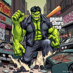 A mashup of the Hulk character and elements from Grand Theft Auto, featuring a muscular green giant with an intense expression, wearing classic GTA streetwear with a leather jacket and jeans, surrounded by a bustling urban environment resembling Los Santos
