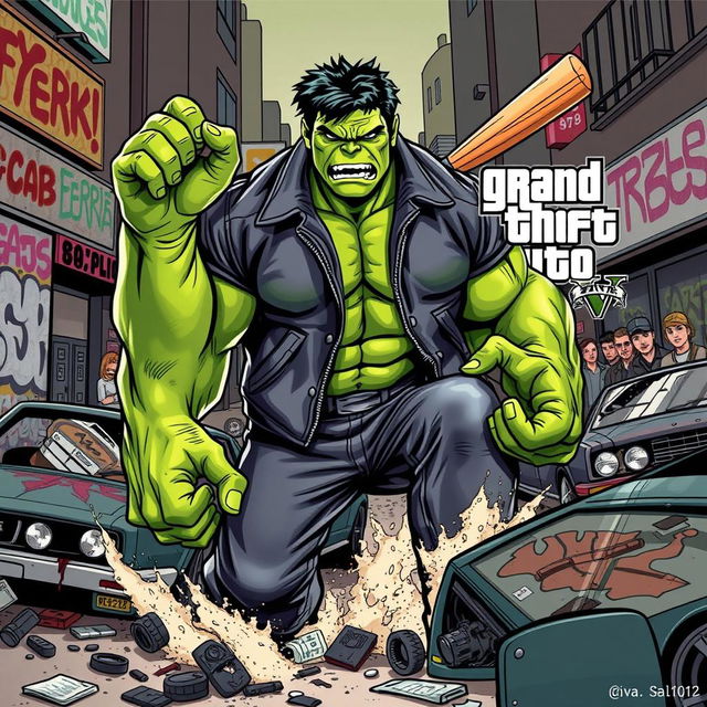 A mashup of the Hulk character and elements from Grand Theft Auto, featuring a muscular green giant with an intense expression, wearing classic GTA streetwear with a leather jacket and jeans, surrounded by a bustling urban environment resembling Los Santos