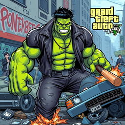 A mashup of the Hulk character and elements from Grand Theft Auto, featuring a muscular green giant with an intense expression, wearing classic GTA streetwear with a leather jacket and jeans, surrounded by a bustling urban environment resembling Los Santos
