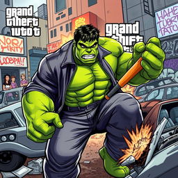 A mashup of the Hulk character and elements from Grand Theft Auto, featuring a muscular green giant with an intense expression, wearing classic GTA streetwear with a leather jacket and jeans, surrounded by a bustling urban environment resembling Los Santos