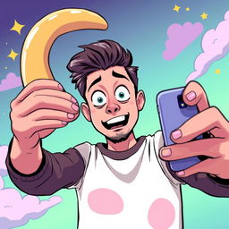 A humorous and exaggerated selfie featuring an enormous 20-inch cartoonish-style representation of a penis