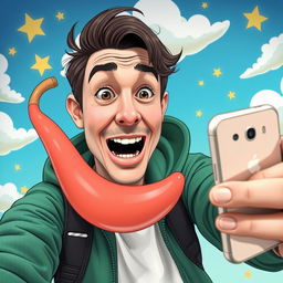 A humorous and exaggerated selfie featuring an enormous 20-inch cartoonish-style representation of a penis
