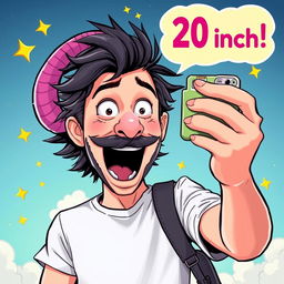 A humorous and exaggerated selfie featuring an enormous 20-inch cartoonish-style representation of a penis