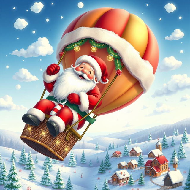 An adorable scene featuring Father Santa Claus and Mother Santa Claus, both in their classic red and white outfits, floating together in a vibrant hot air balloon