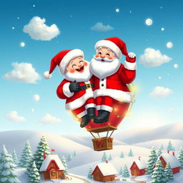 An adorable scene featuring Father Santa Claus and Mother Santa Claus, both in their classic red and white outfits, floating together in a vibrant hot air balloon