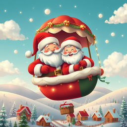 An adorable scene featuring Father Santa Claus and Mother Santa Claus, both in their classic red and white outfits, floating together in a vibrant hot air balloon