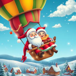 An adorable scene featuring Father Santa Claus and Mother Santa Claus, both in their classic red and white outfits, floating together in a vibrant hot air balloon