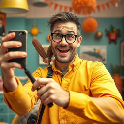 A humorous and exaggerated depiction of a man taking a selfie while confidently posing with an exaggeratedly large accessory, with a playful expression on his face