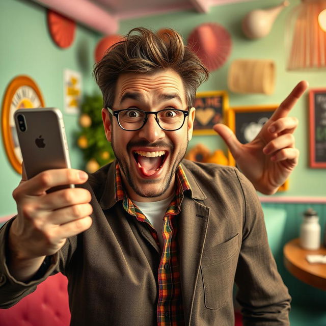 A humorous and exaggerated depiction of a man taking a selfie while confidently posing with an exaggeratedly large accessory, with a playful expression on his face