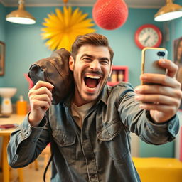 A humorous and exaggerated depiction of a man taking a selfie while confidently posing with an exaggeratedly large accessory, with a playful expression on his face