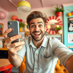A humorous and exaggerated depiction of a man taking a selfie while confidently posing with an exaggeratedly large accessory, with a playful expression on his face