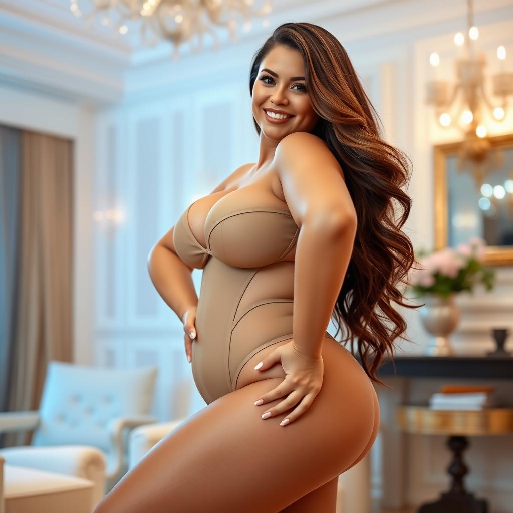 A voluptuous woman posing confidently, showcasing her figure