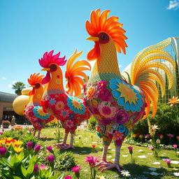 A hyper-detailed, surreal landscape featuring giant, colorful cocks as whimsical sculptures made of glass and flowers, surrounded by lush greenery and a bright blue sky, embodying a playful and imaginative atmosphere
