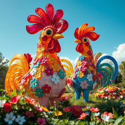 A hyper-detailed, surreal landscape featuring giant, colorful cocks as whimsical sculptures made of glass and flowers, surrounded by lush greenery and a bright blue sky, embodying a playful and imaginative atmosphere