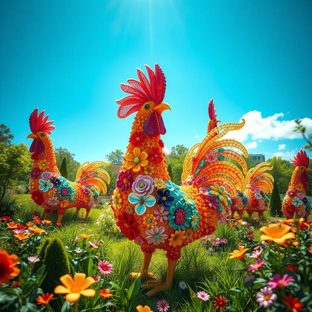 A hyper-detailed, surreal landscape featuring giant, colorful cocks as whimsical sculptures made of glass and flowers, surrounded by lush greenery and a bright blue sky, embodying a playful and imaginative atmosphere