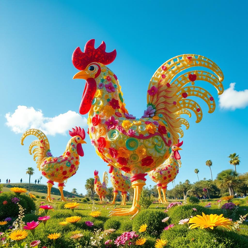 A hyper-detailed, surreal landscape featuring giant, colorful cocks as whimsical sculptures made of glass and flowers, surrounded by lush greenery and a bright blue sky, embodying a playful and imaginative atmosphere