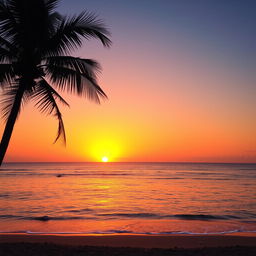 A vibrant orange sunset over a tranquil ocean, with the sun partially dipping below the horizon, casting warm orange and yellow hues across the sky