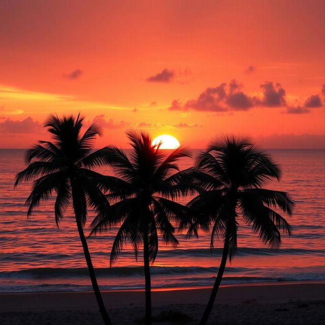 A vibrant orange sunset over a tranquil ocean, with the sun partially dipping below the horizon, casting warm orange and yellow hues across the sky