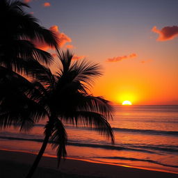 A vibrant orange sunset over a tranquil ocean, with the sun partially dipping below the horizon, casting warm orange and yellow hues across the sky