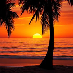 A vibrant orange sunset over a tranquil ocean, with the sun partially dipping below the horizon, casting warm orange and yellow hues across the sky