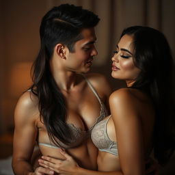 A sensual and intimate scene between an attractive couple in a dimly lit room, the focus on the chemistry and connection between them