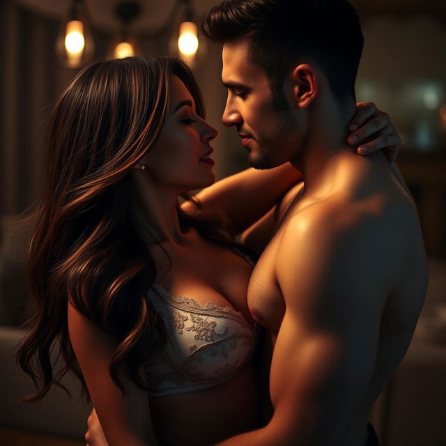 A sensual and intimate scene between an attractive couple in a dimly lit room, the focus on the chemistry and connection between them