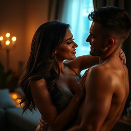 A sensual and intimate scene between an attractive couple in a dimly lit room, the focus on the chemistry and connection between them