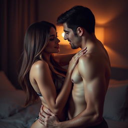 A sensual and intimate scene between an attractive couple in a dimly lit room, the focus on the chemistry and connection between them