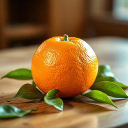 A vibrant and detailed depiction of a fresh orange fruit, showcasing its bright orange skin with a slightly textured surface, glistening with a bit of dew