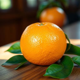 A vibrant and detailed depiction of a fresh orange fruit, showcasing its bright orange skin with a slightly textured surface, glistening with a bit of dew