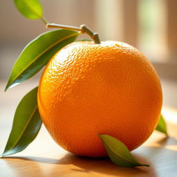 A vibrant and detailed depiction of a fresh orange fruit, showcasing its bright orange skin with a slightly textured surface, glistening with a bit of dew